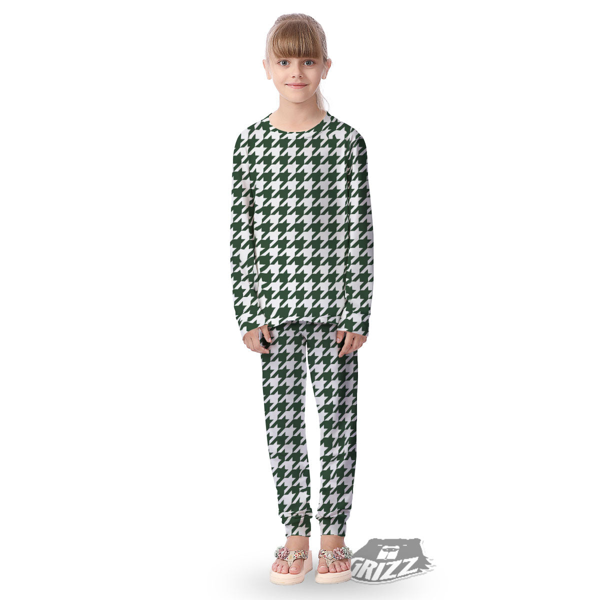 White Green Jungle Houndstooth Print Kid's Pajamas-grizzshop
