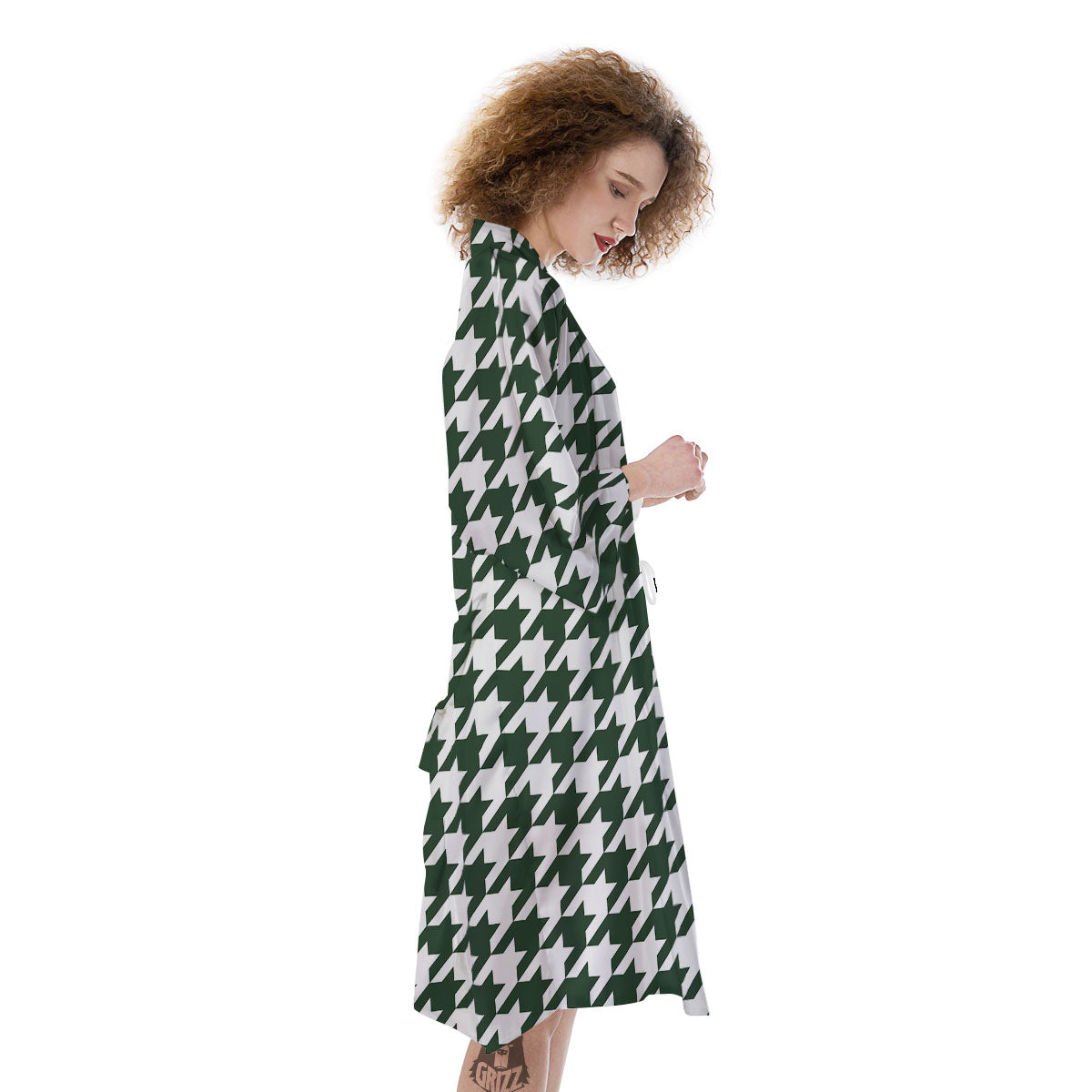 White Green Jungle Houndstooth Print Kimono-grizzshop