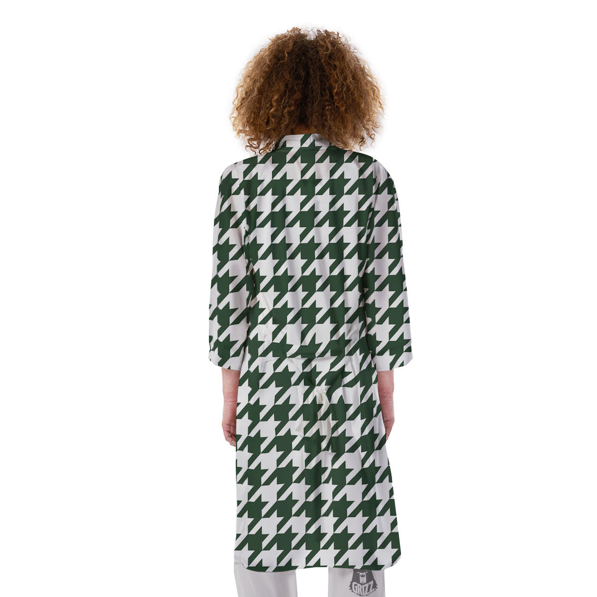 White Green Jungle Houndstooth Print Kimono-grizzshop