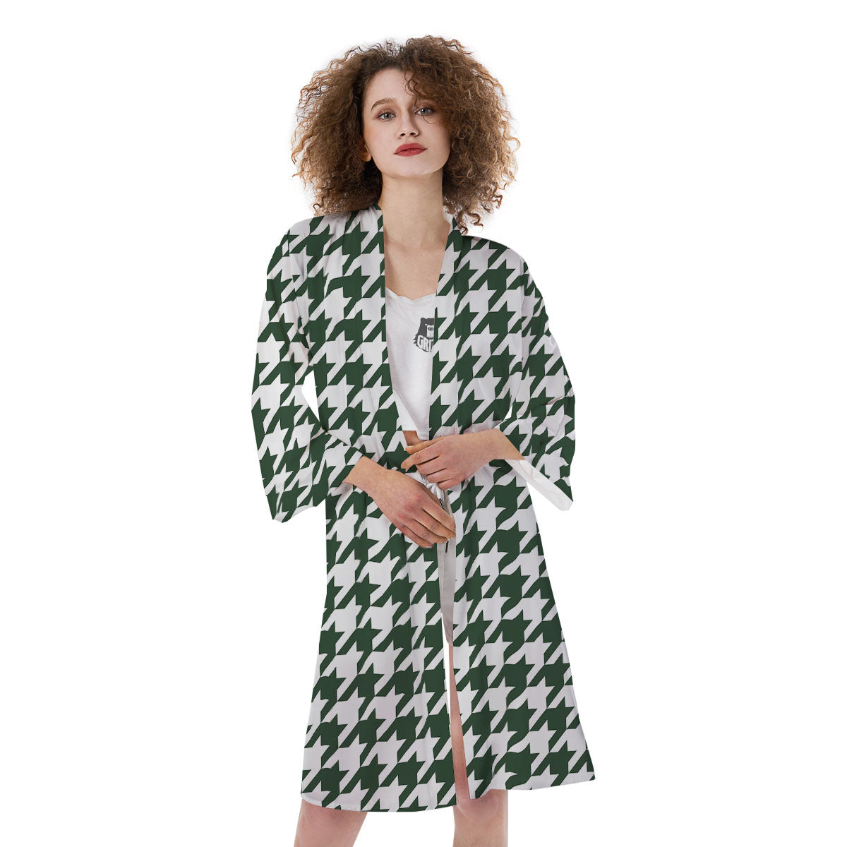 White Green Jungle Houndstooth Print Kimono-grizzshop
