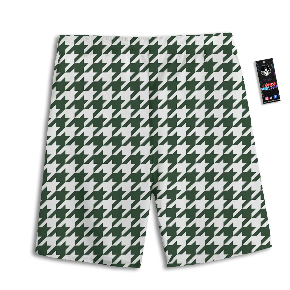 White Green Jungle Houndstooth Print Men's Athletic Shorts