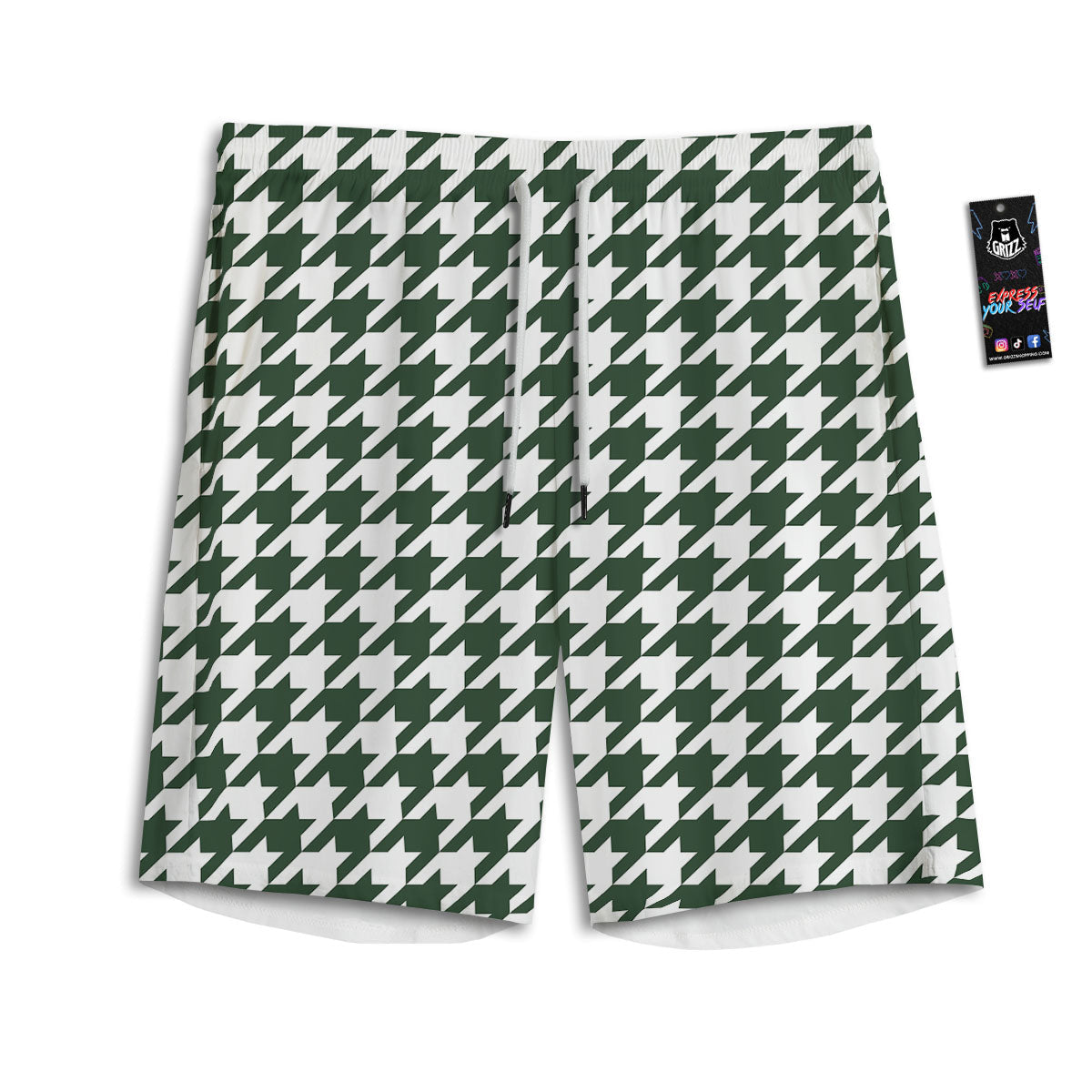 White Green Jungle Houndstooth Print Men's Athletic Shorts