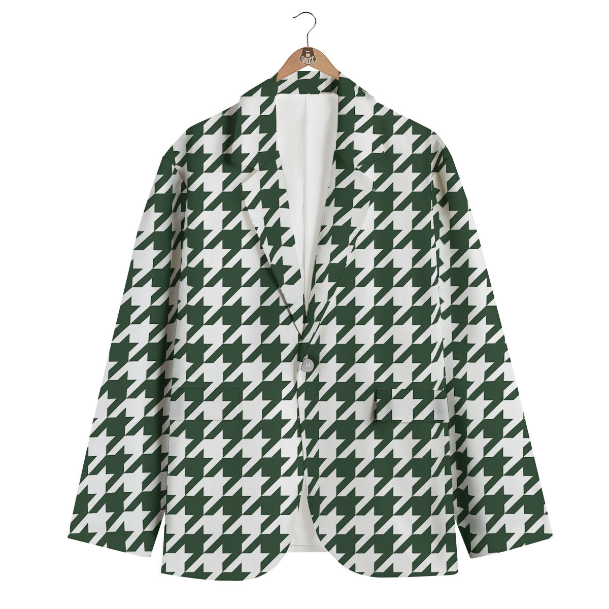White Green Jungle Houndstooth Print Men's Blazer-grizzshop