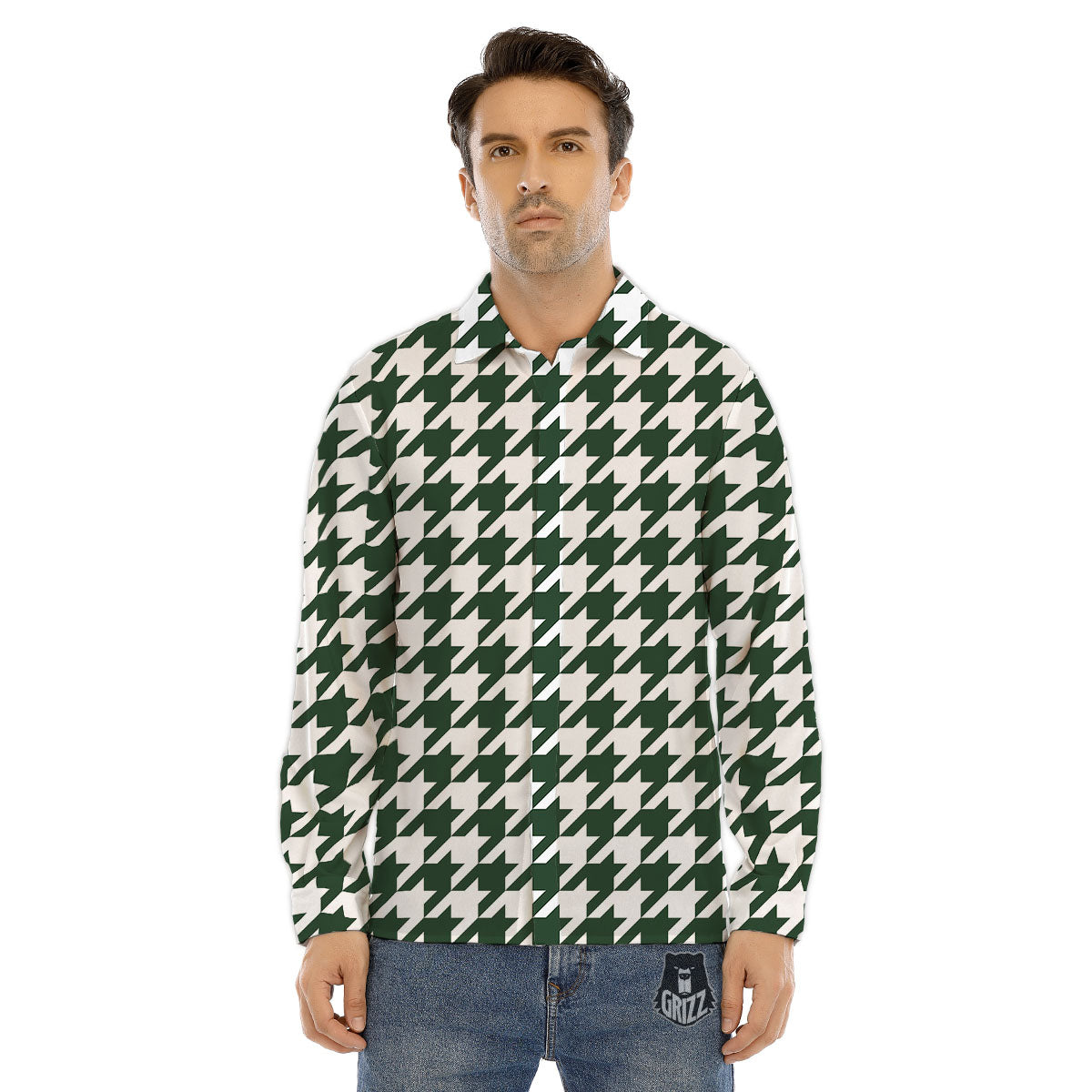 White Green Jungle Houndstooth Print Men's Dress Shirts-grizzshop