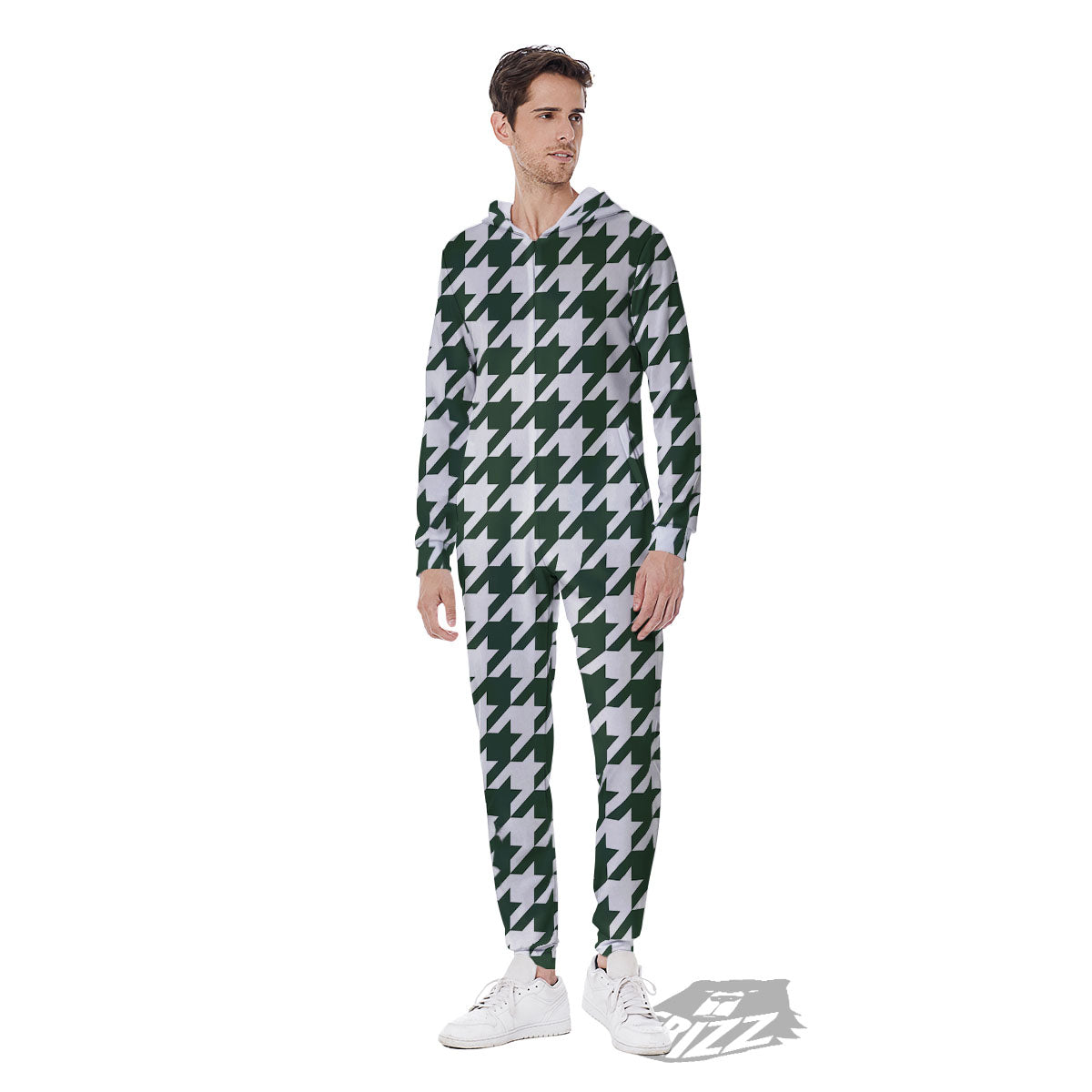 White Green Jungle Houndstooth Print Men's Jumpsuit-grizzshop