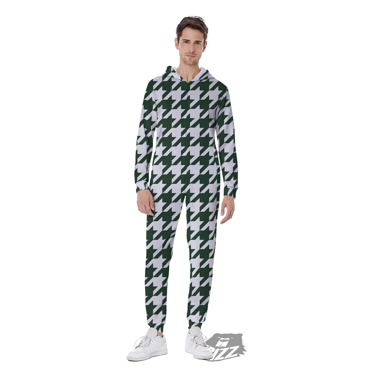 White Green Jungle Houndstooth Print Men's Jumpsuit-grizzshop