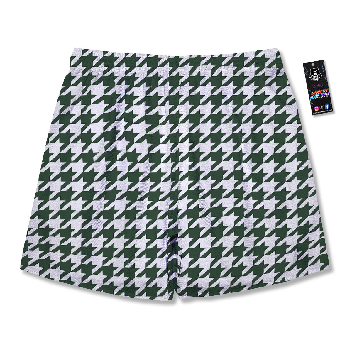 White Green Jungle Houndstooth Print Men's Running Shorts-grizzshop