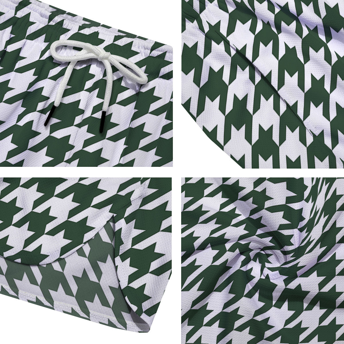 White Green Jungle Houndstooth Print Men's Running Shorts-grizzshop