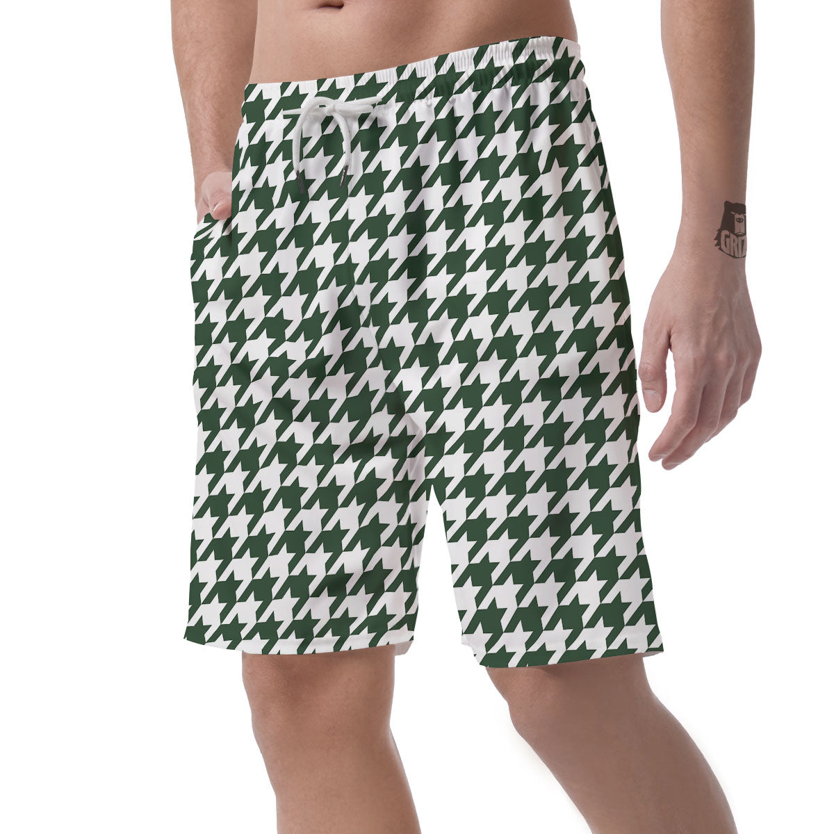 White Green Jungle Houndstooth Print Men's Shorts-grizzshop