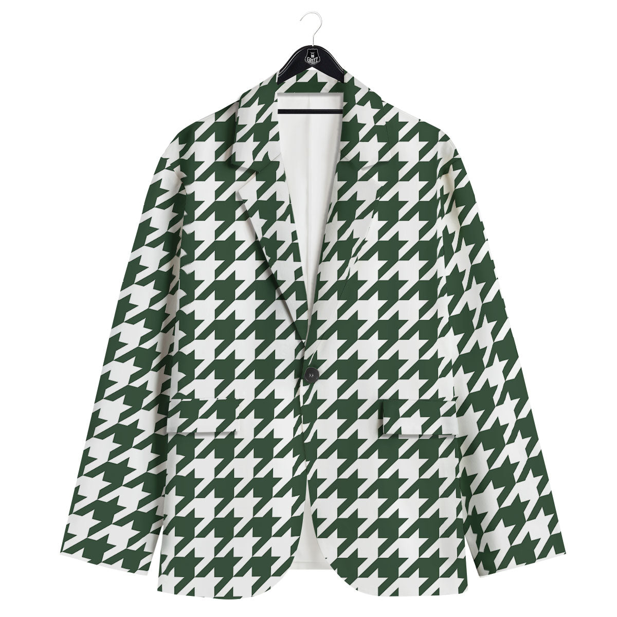 White Green Jungle Houndstooth Print Men's Sport Coat-grizzshop
