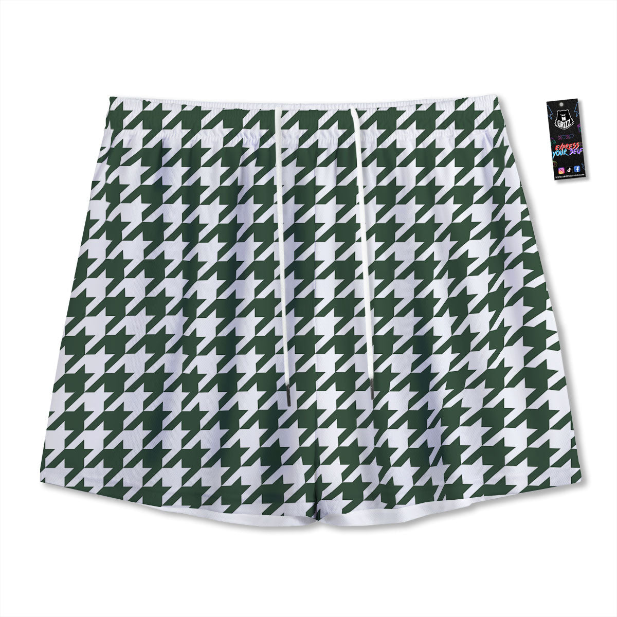 White Green Jungle Houndstooth Print Mesh Shorts