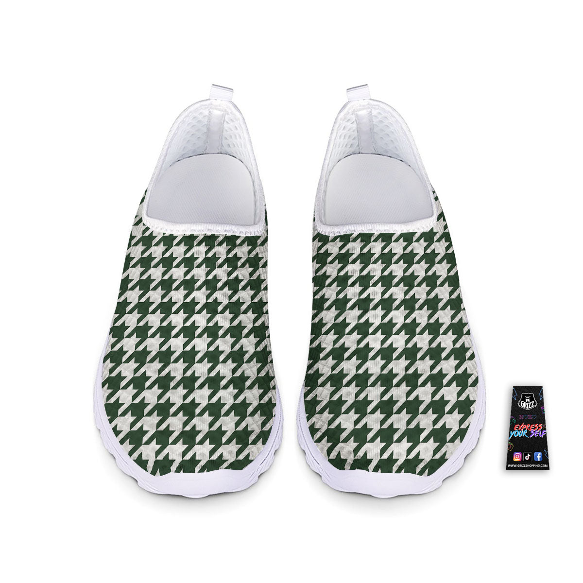 White Green Jungle Houndstooth Print Nurse Shoes-grizzshop