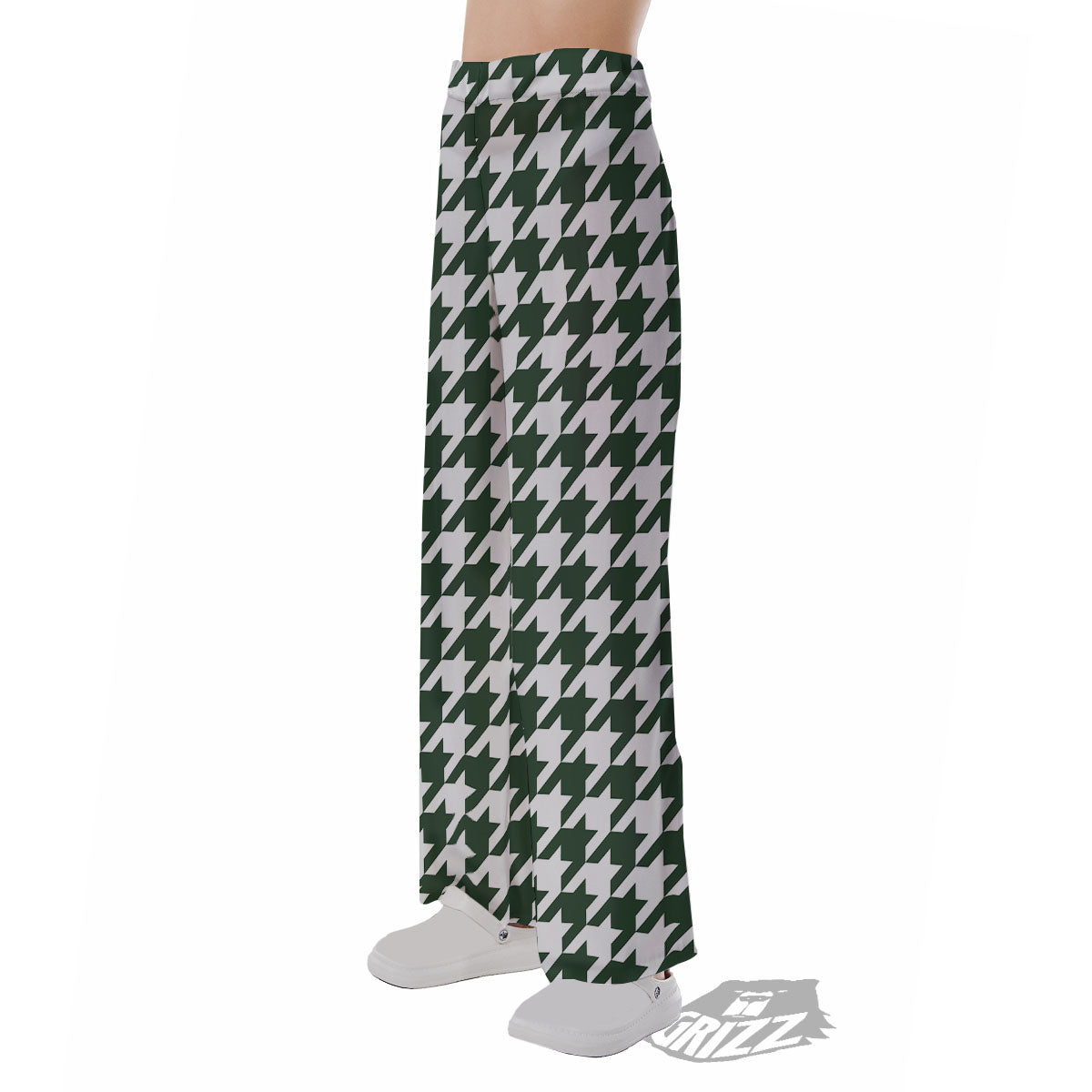 White Green Jungle Houndstooth Print Pajama Pants-grizzshop