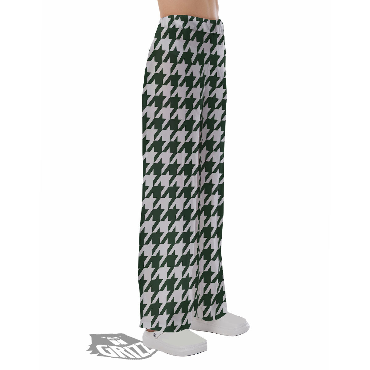 White Green Jungle Houndstooth Print Pajama Pants-grizzshop