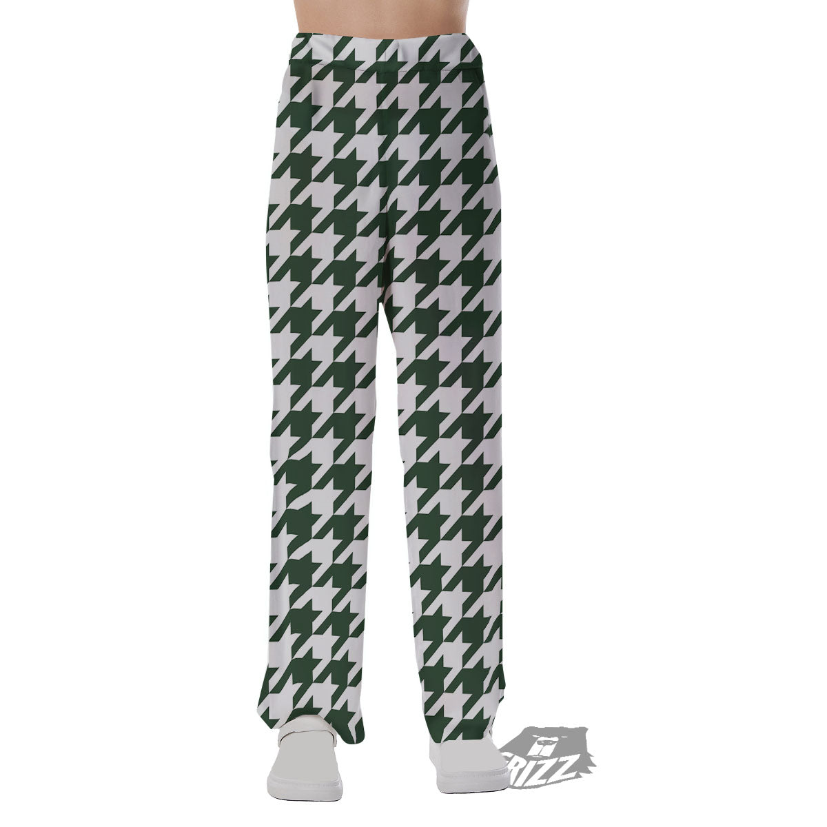 White Green Jungle Houndstooth Print Pajama Pants-grizzshop