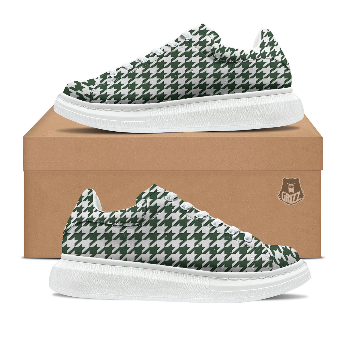 White Green Jungle Houndstooth Print Platform Shoes-grizzshop