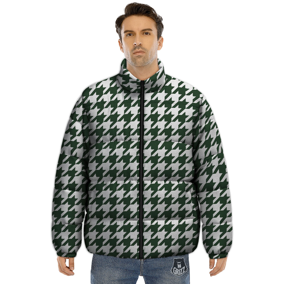 White Green Jungle Houndstooth Print Puffer Jacket-grizzshop