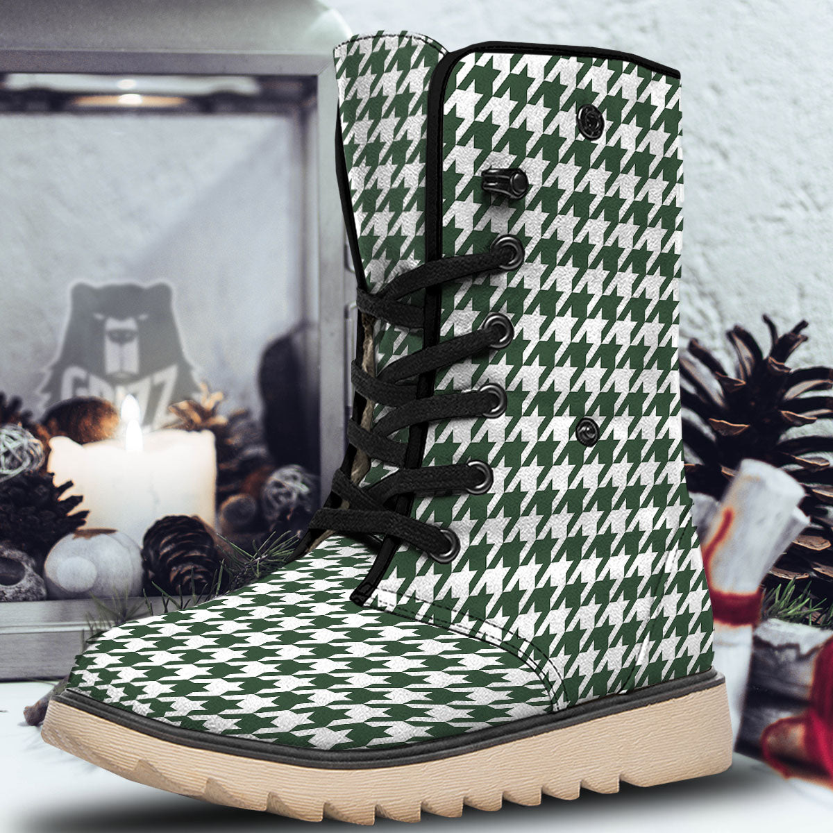 White Green Jungle Houndstooth Print Snow Boots-grizzshop