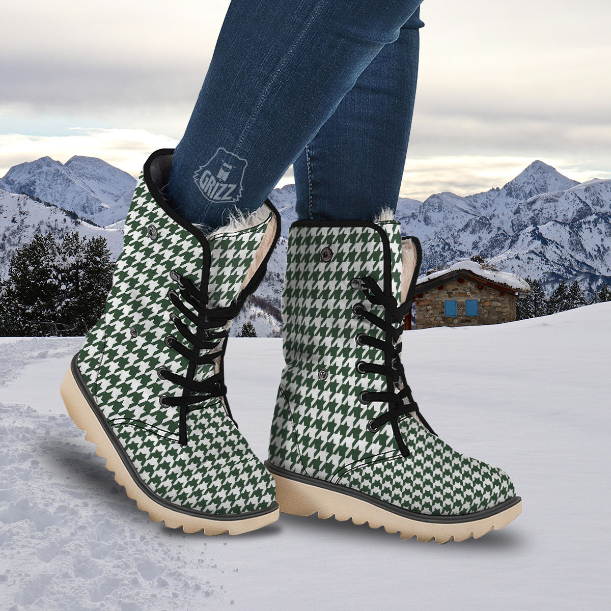 White Green Jungle Houndstooth Print Snow Boots-grizzshop