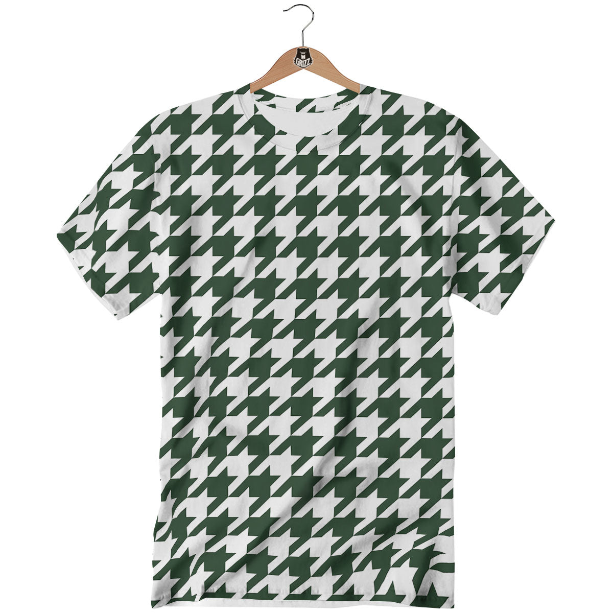 White Green Jungle Houndstooth Print T-Shirt-grizzshop