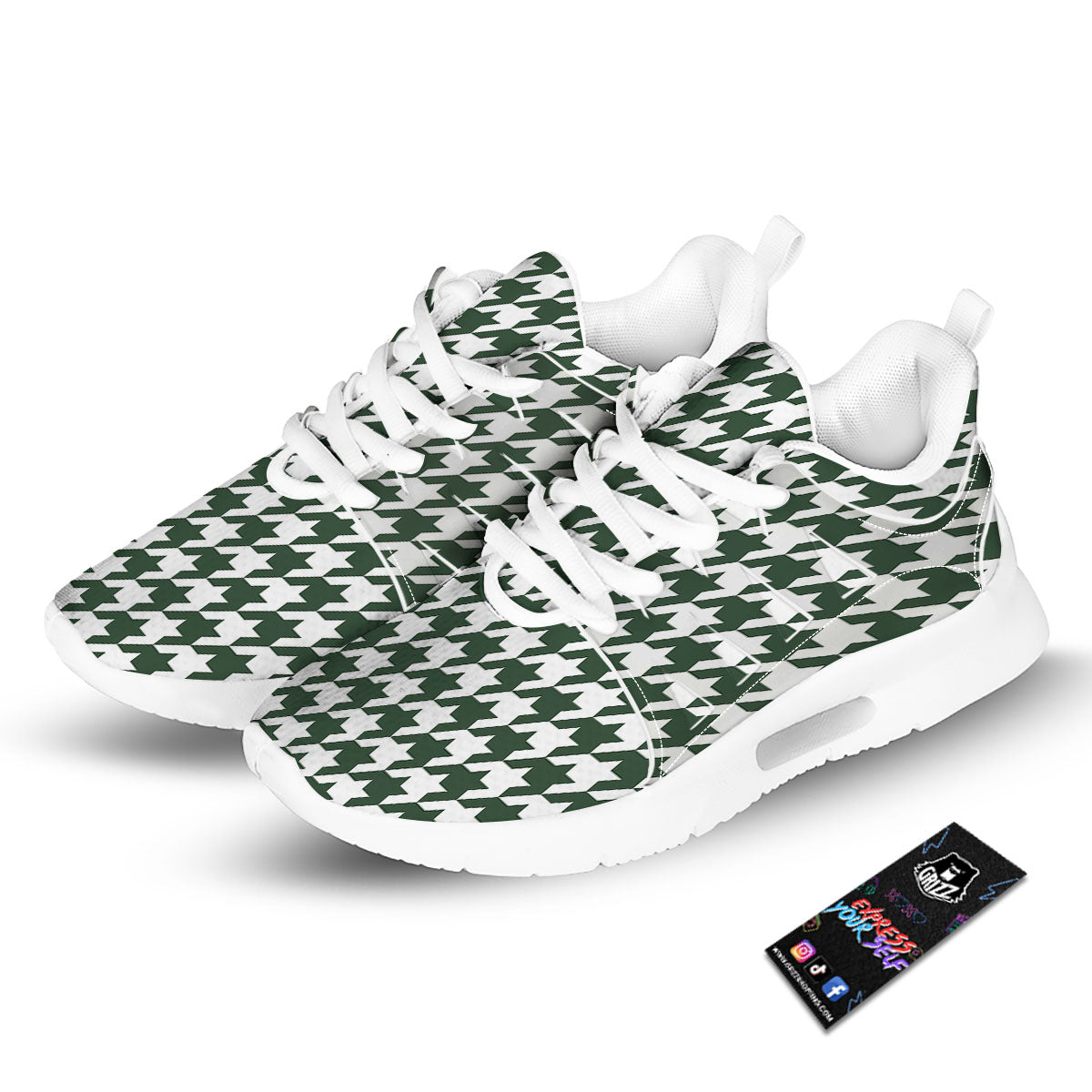 White Green Jungle Houndstooth Print Tennis Shoes-grizzshop