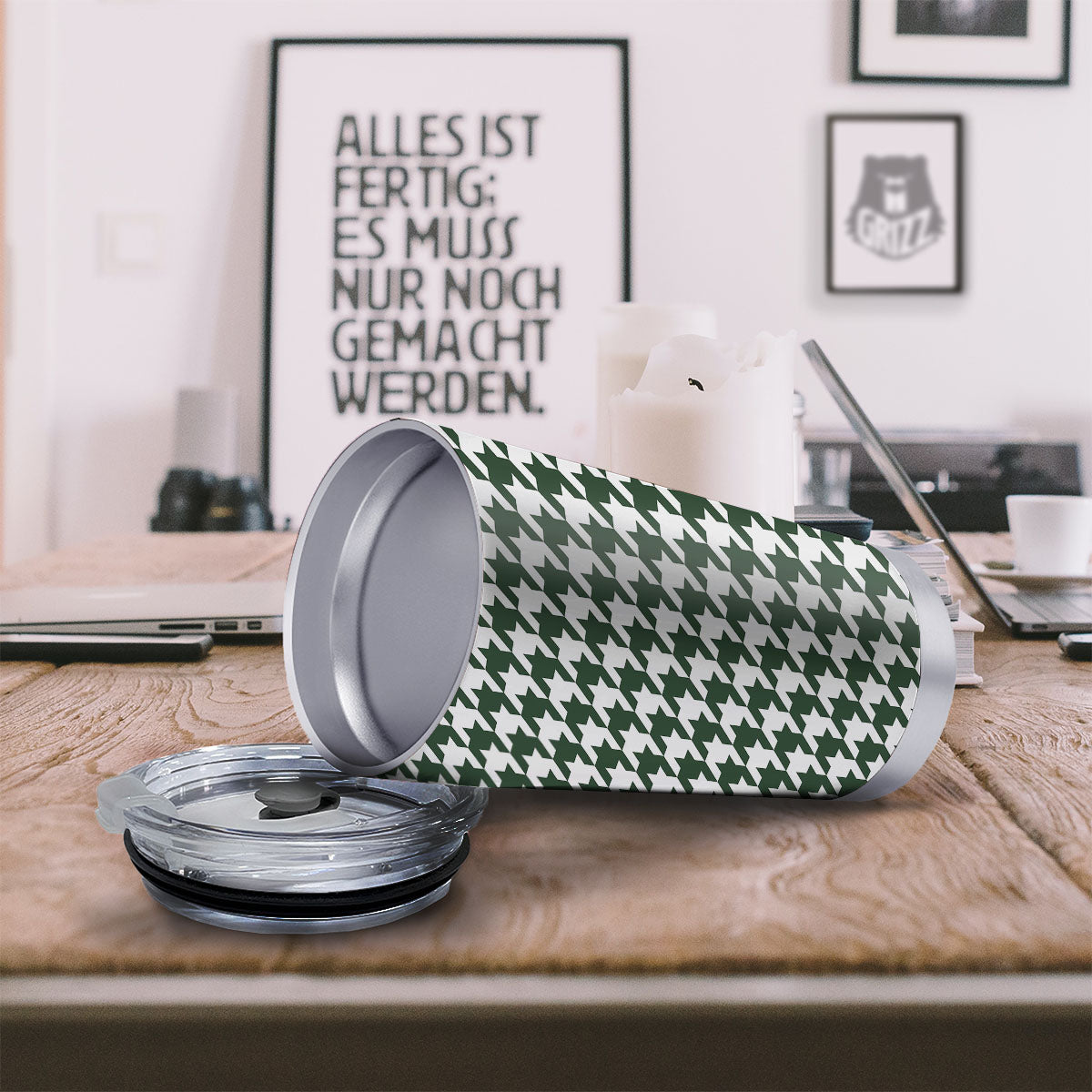 White Green Jungle Houndstooth Print Tumbler-grizzshop