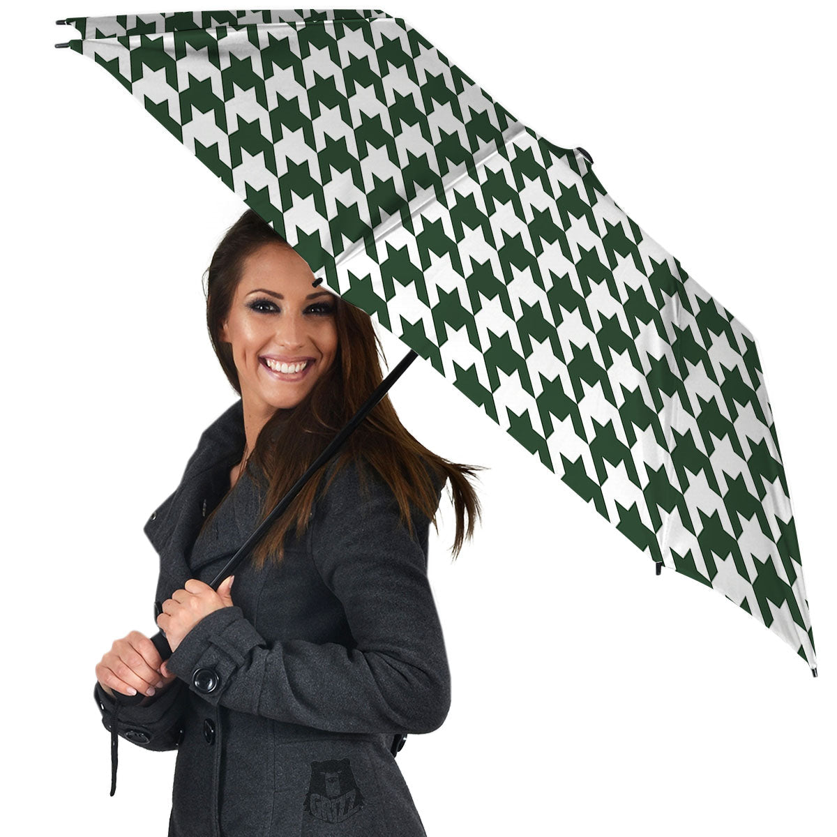 White Green Jungle Houndstooth Print Umbrella-grizzshop