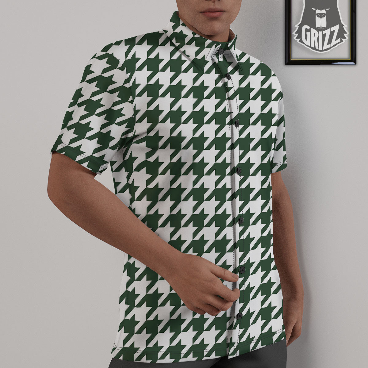 White Green Jungle Houndstooth Print Untucked Shirts-grizzshop