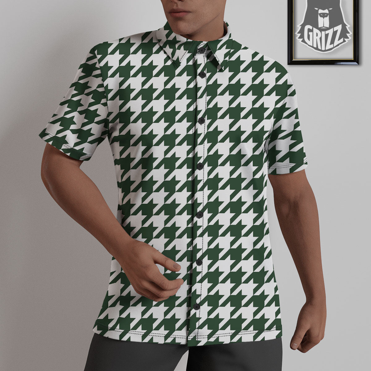 White Green Jungle Houndstooth Print Untucked Shirts-grizzshop