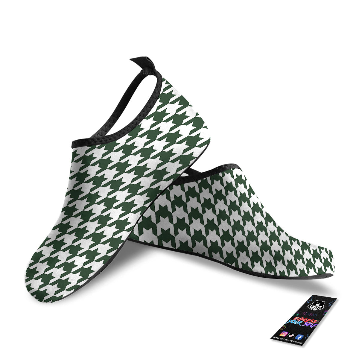 White Green Jungle Houndstooth Print Water Shoes-grizzshop