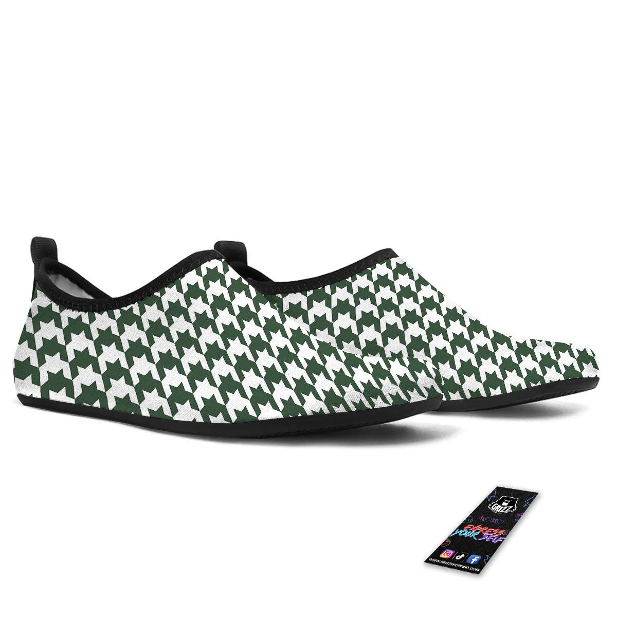 White Green Jungle Houndstooth Print Water Shoes-grizzshop