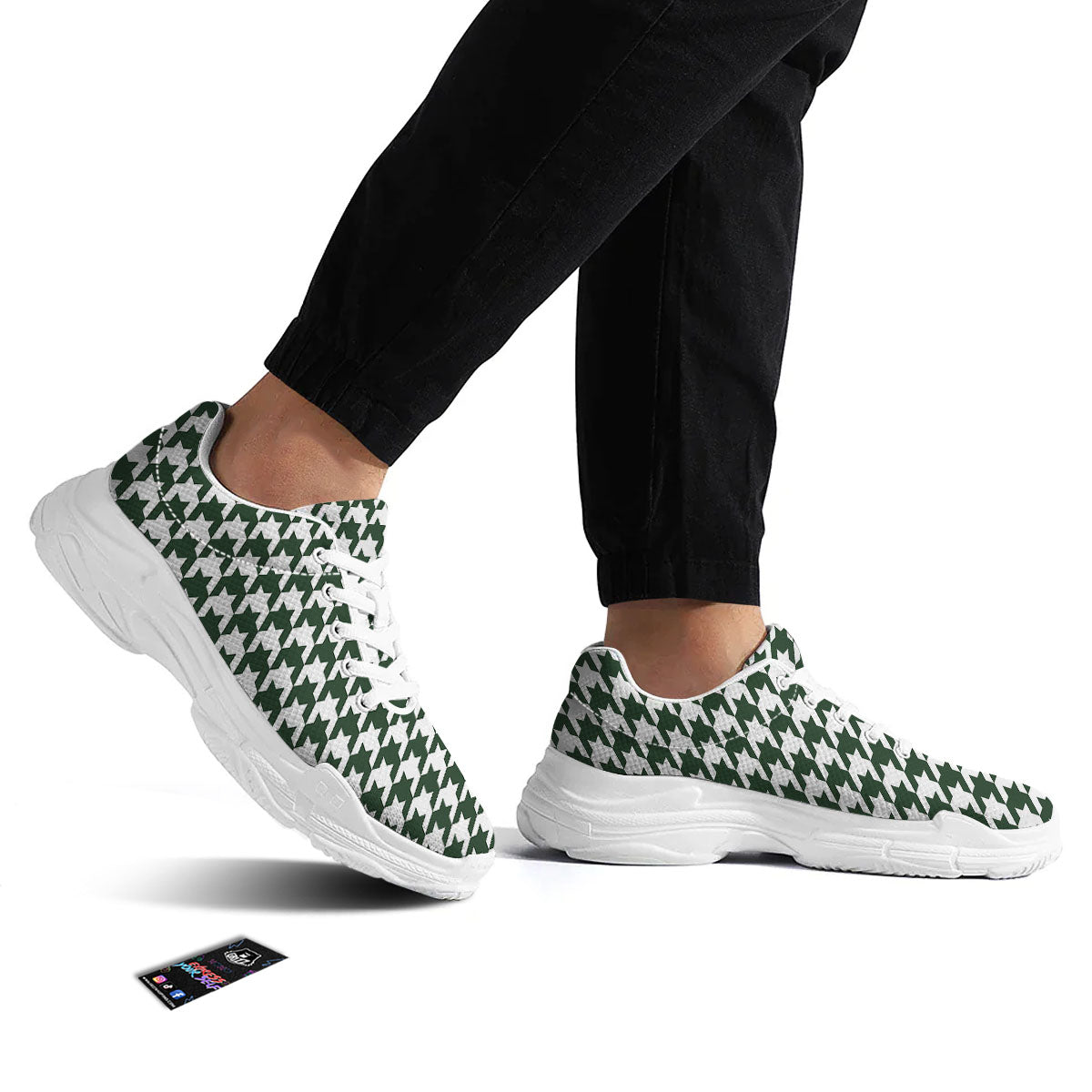 White Green Jungle Houndstooth Print White Chunky Shoes-grizzshop