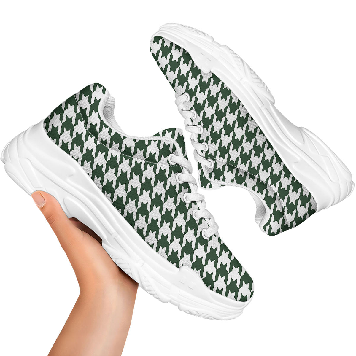 White Green Jungle Houndstooth Print White Chunky Shoes-grizzshop