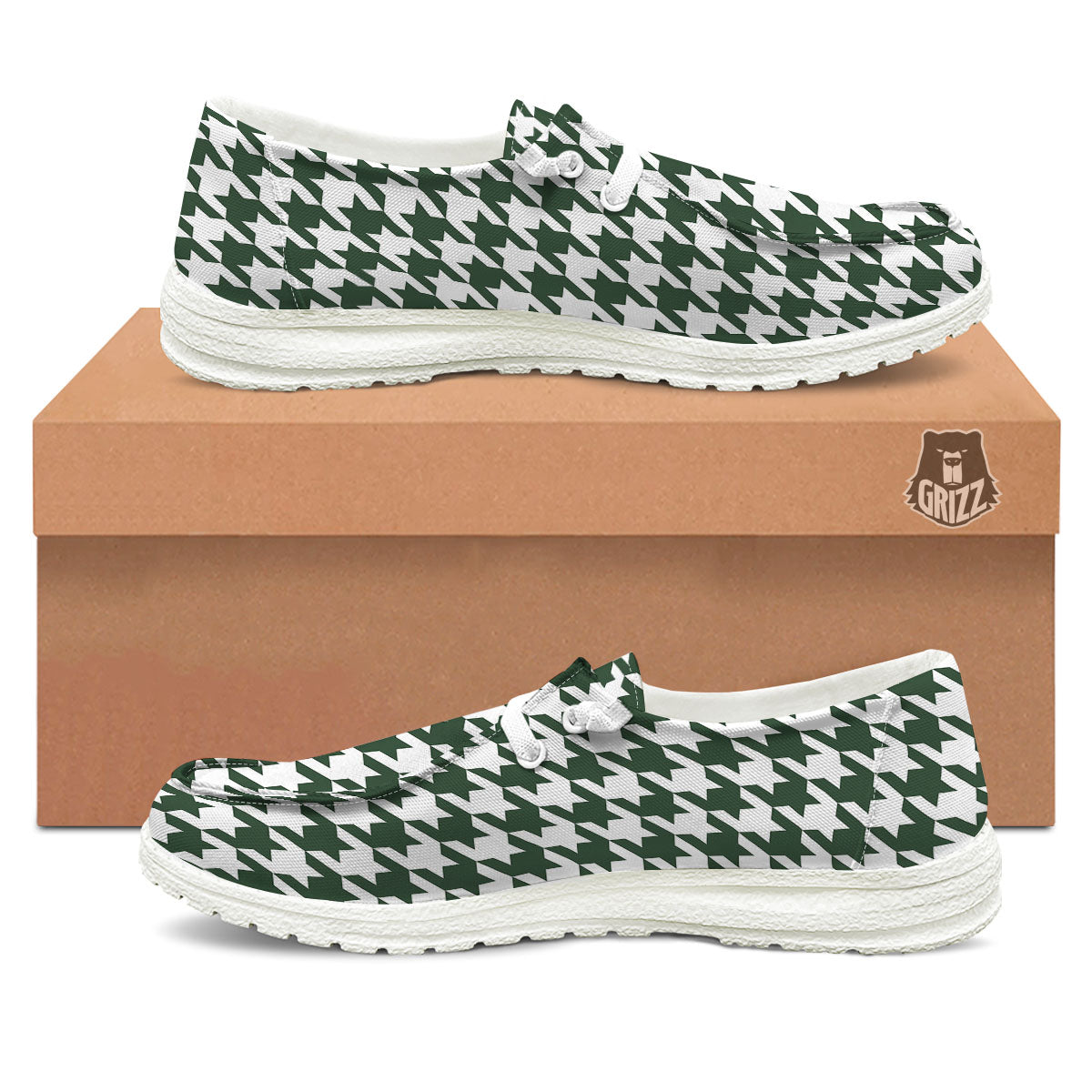 White Green Jungle Houndstooth Print White Loafers-grizzshop
