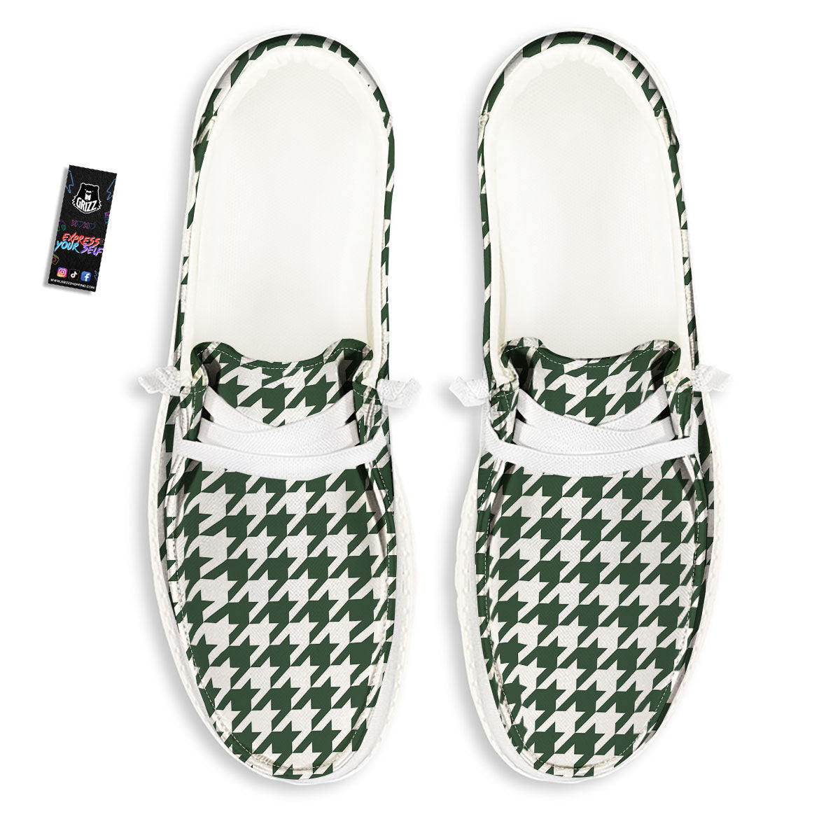 White Green Jungle Houndstooth Print White Loafers-grizzshop