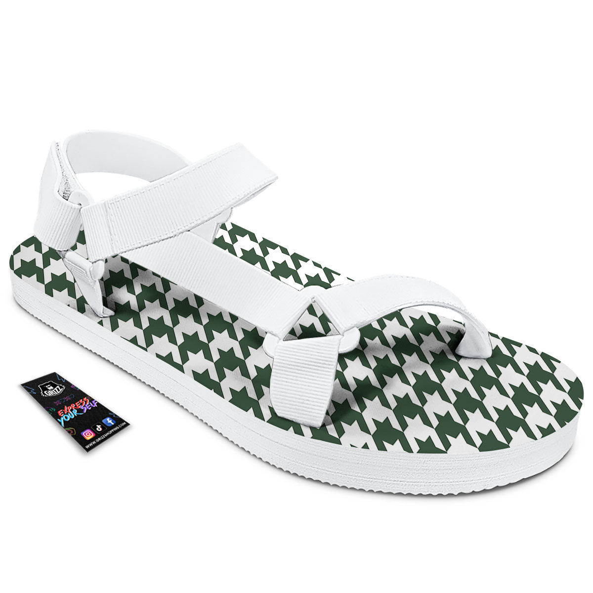 White Green Jungle Houndstooth Print White Open Toe Sandals-grizzshop