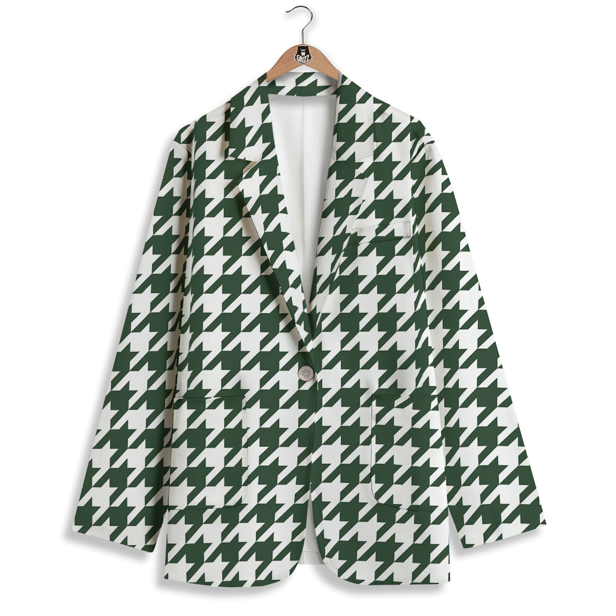 White Green Jungle Houndstooth Print Women's Blazer-grizzshop