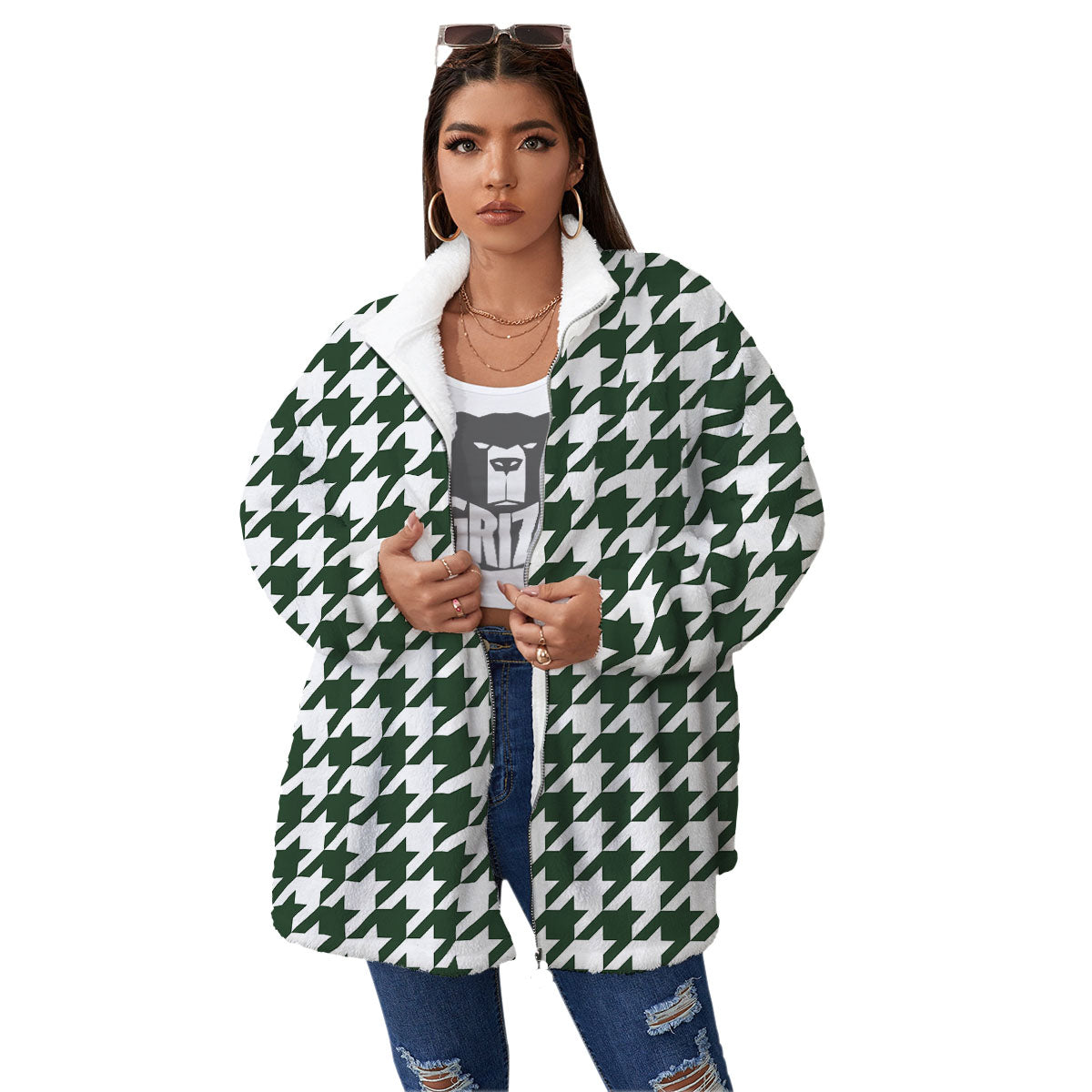 White Green Jungle Houndstooth Print Women's Sherpa Jacket-grizzshop