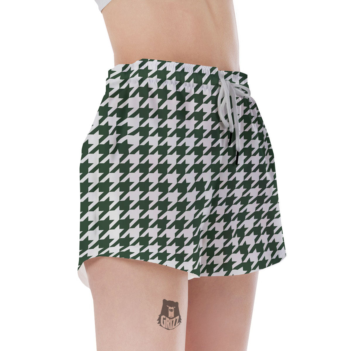 White Green Jungle Houndstooth Print Women's Shorts-grizzshop