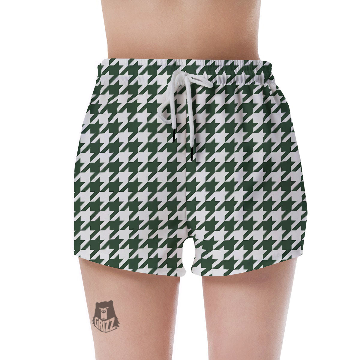 White Green Jungle Houndstooth Print Women's Shorts-grizzshop