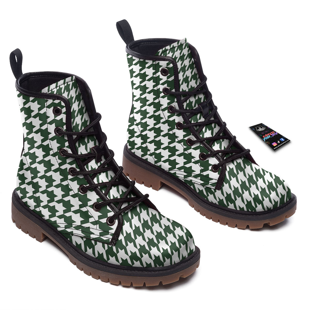 White Green Jungle Houndstooth Print Work Boots-grizzshop