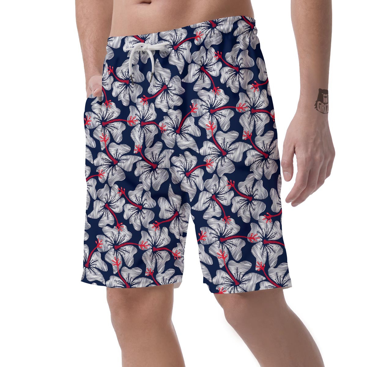 White Hibiscus Tropical Floral Hawaiian Print Men's Shorts-grizzshop