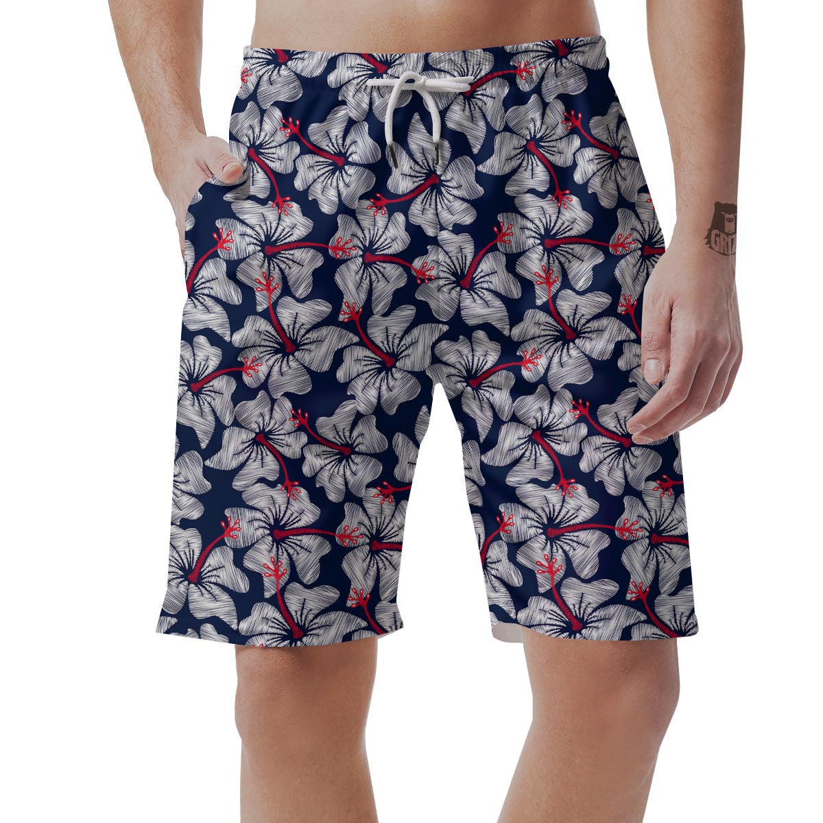 White Hibiscus Tropical Floral Hawaiian Print Men's Shorts-grizzshop