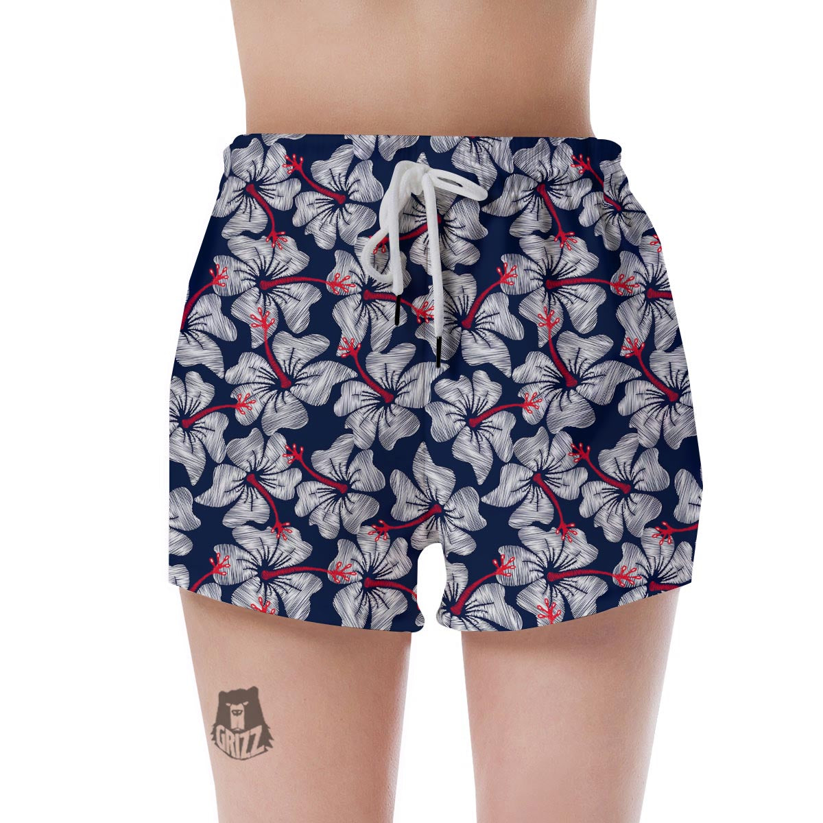 White Hibiscus Tropical Floral Hawaiian Print Women's Shorts-grizzshop