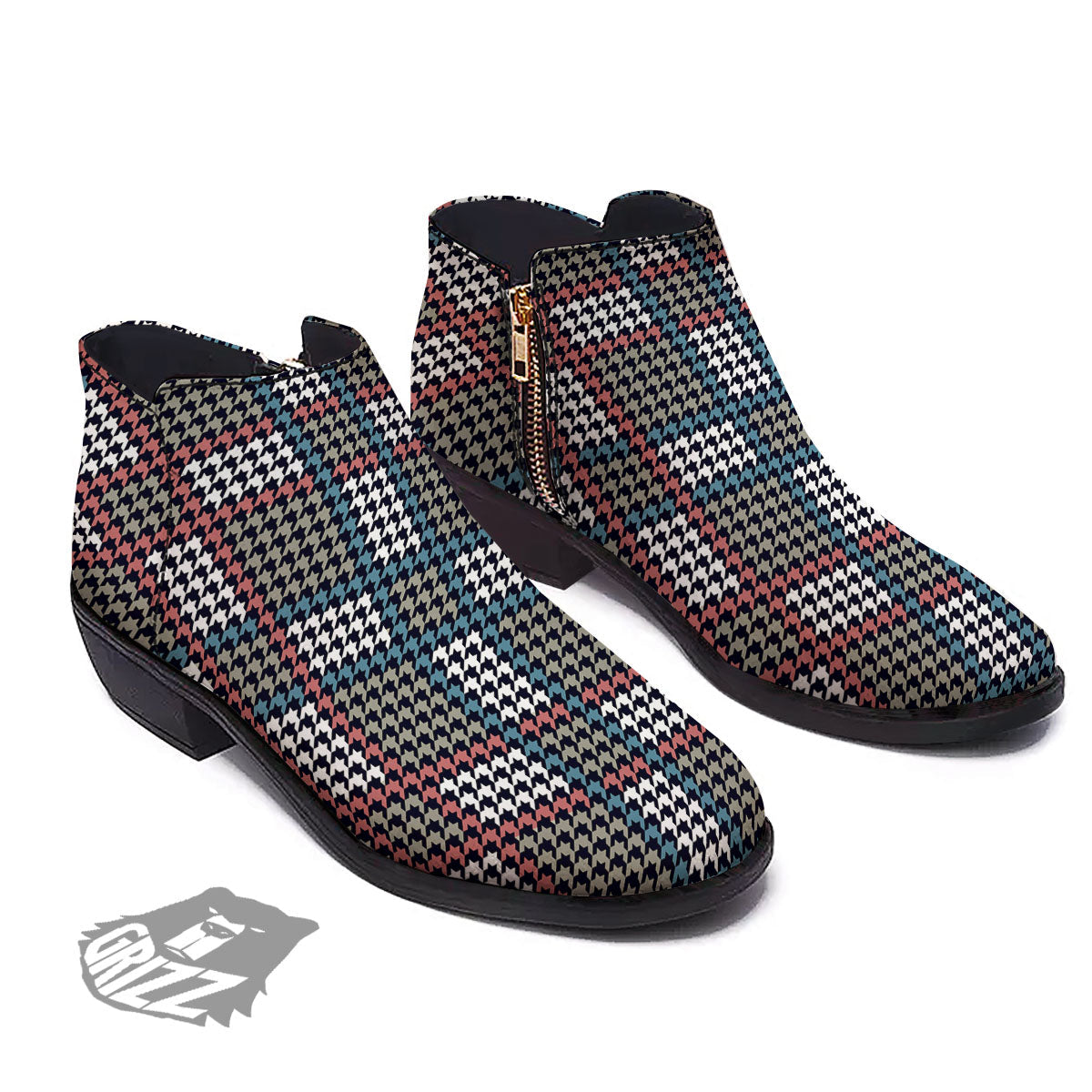 White Houndstooth And Blue Red Print Ankle Boots-grizzshop