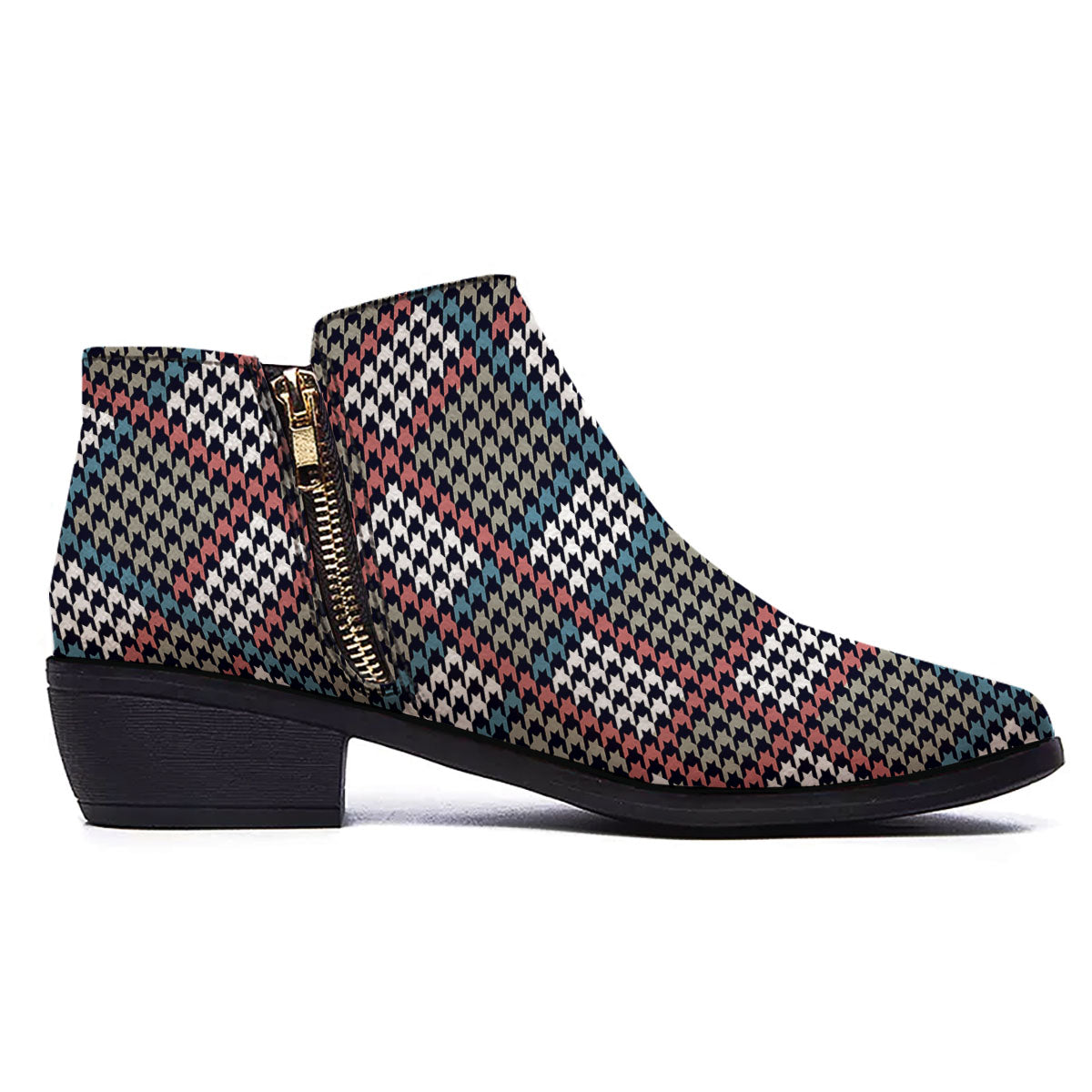 White Houndstooth And Blue Red Print Ankle Boots-grizzshop