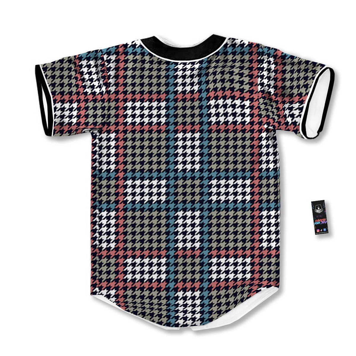 White Houndstooth And Blue Red Print Baseball Jersey-grizzshop