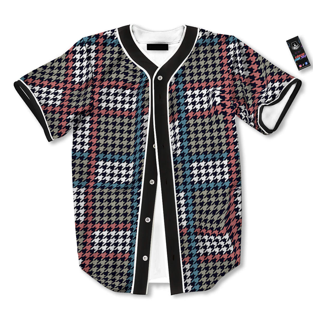 White Houndstooth And Blue Red Print Baseball Jersey-grizzshop