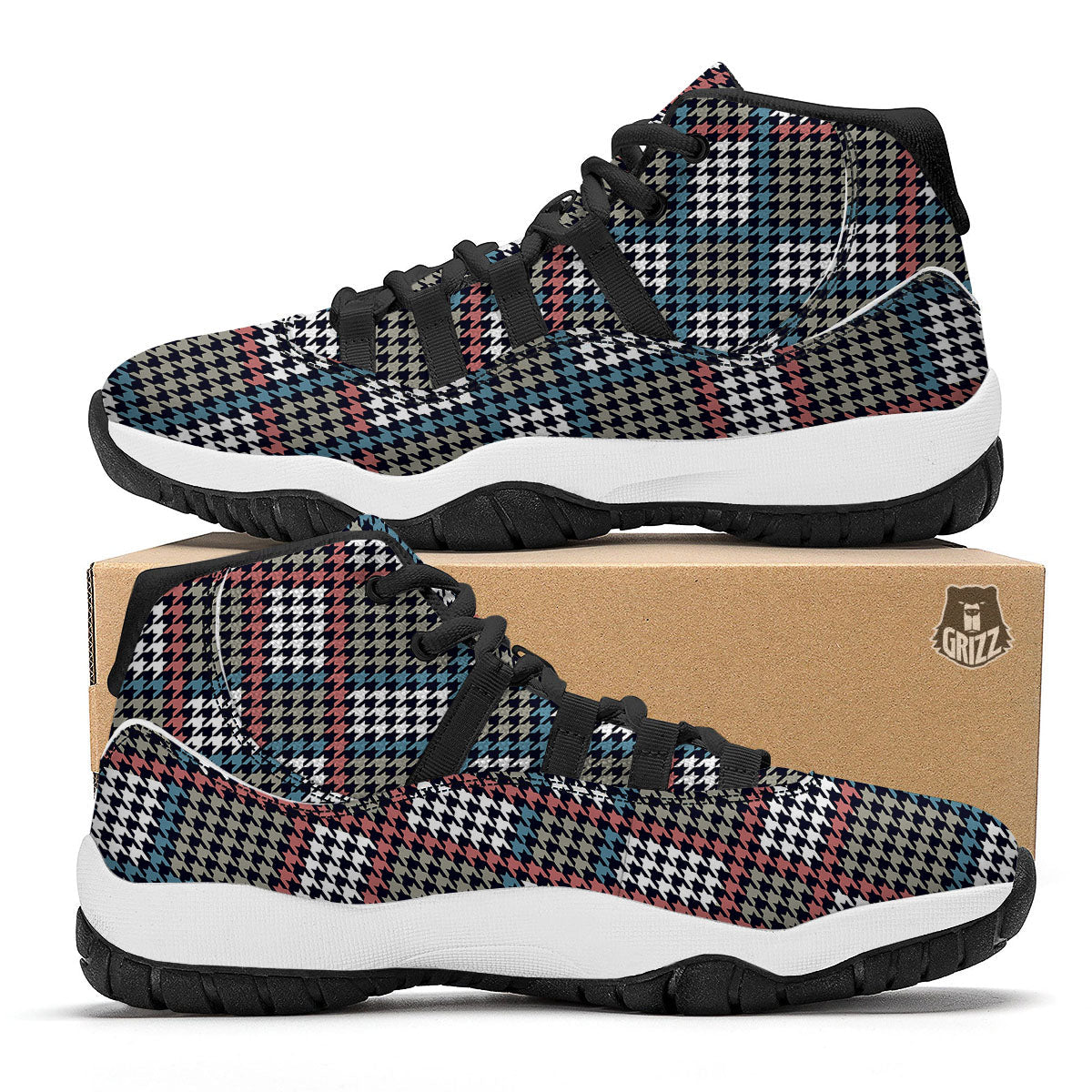 White Houndstooth And Blue Red Print Black Bball Shoes-grizzshop
