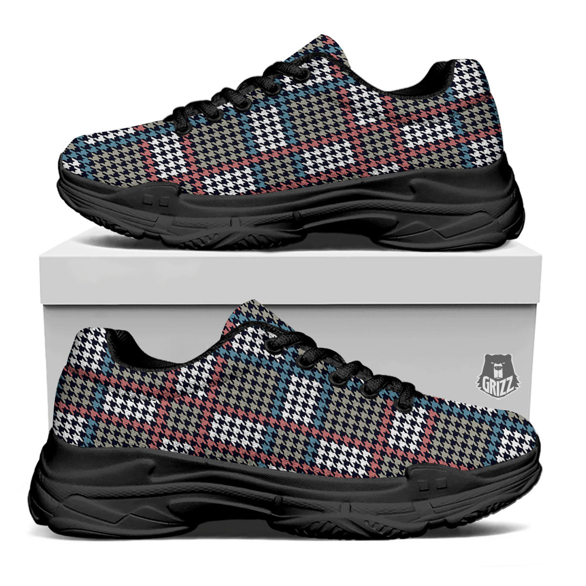 White Houndstooth And Blue Red Print Black Chunky Shoes-grizzshop